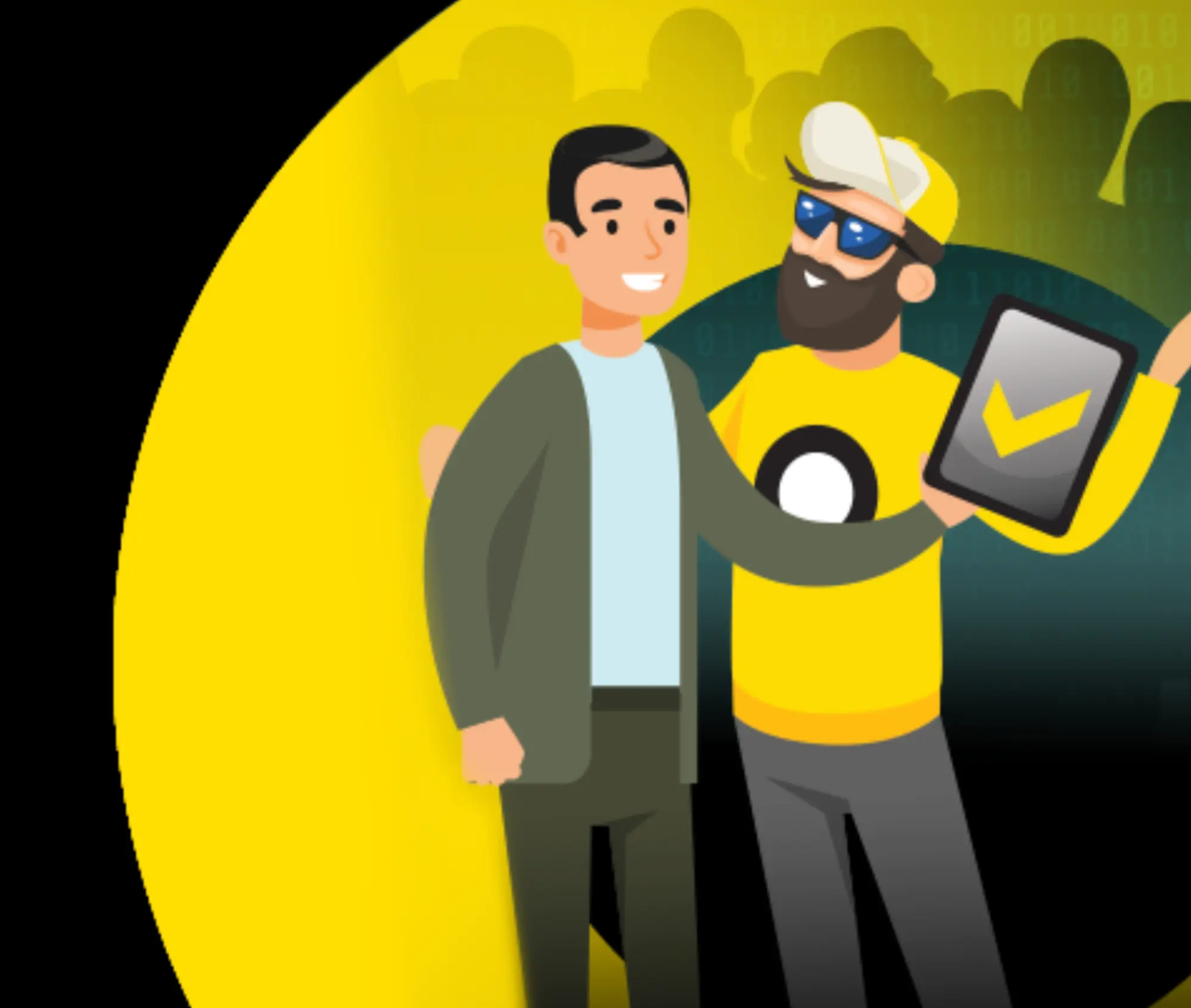 Snadné ověření účtu – hotovo jedním klepnutím. Ilustrace dvou lidí – usměvavý pracovník v žlutém tričku a kšiltovce drží tablet s velkou fajfkou a objímá spokojeného zákazníka; symbol snadného ověření.